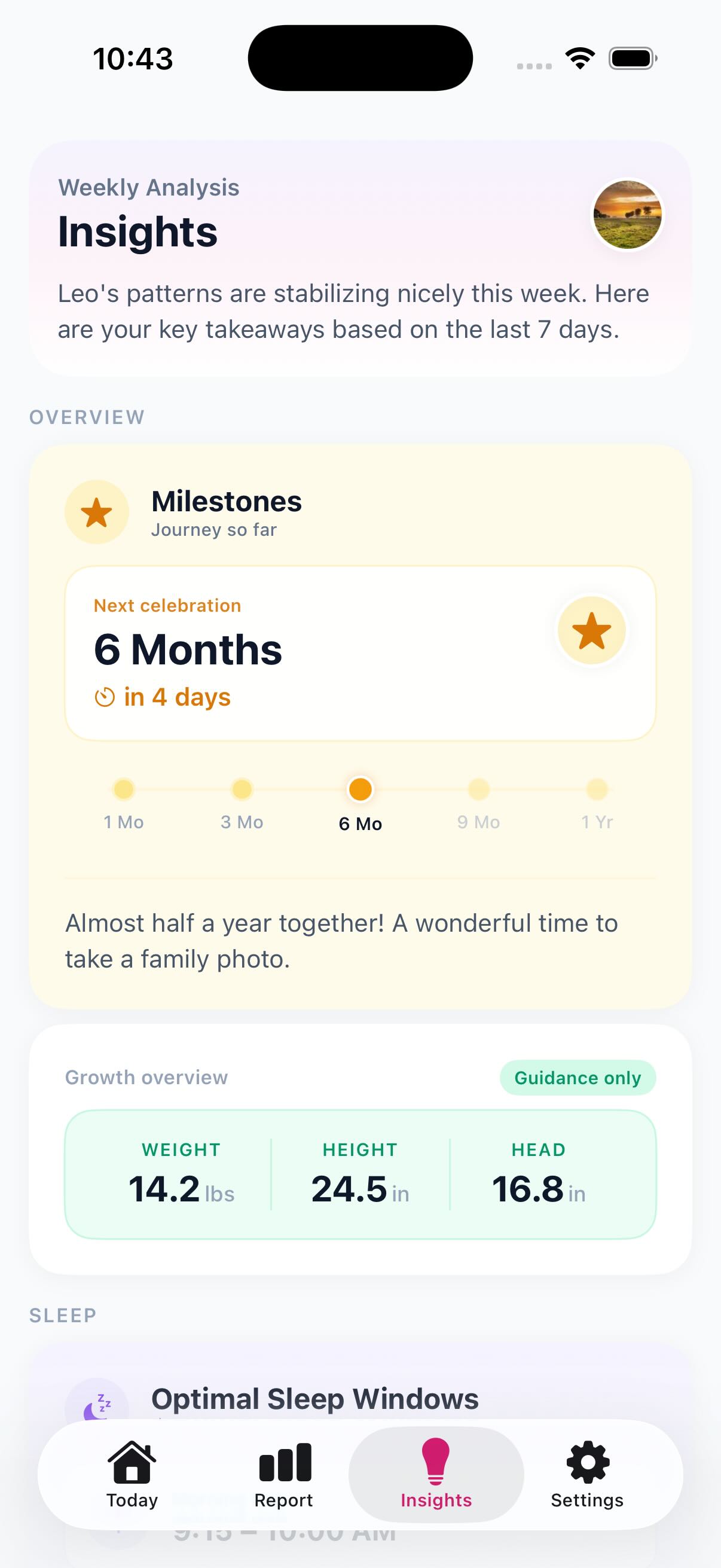Infant sleep tracker screenshot — Baby Track Pro app showing baby sleep schedule and insights